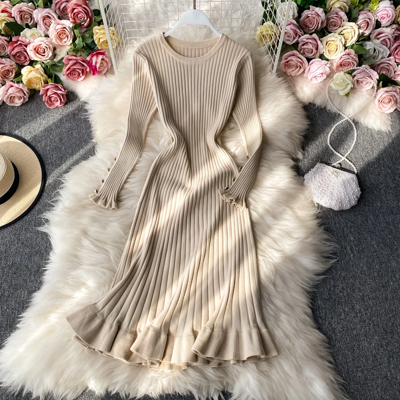 

Korean Elegant Long Sleeve Ruffles Long Sweater Dress Autumn Winter Women O-Neck Slim Warm Casual Knitted Dress Mermaid Vestidos