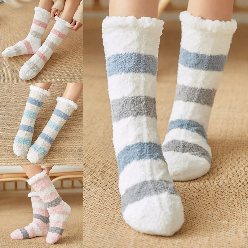 Новинка; 1 пара; женские домашние носки; теплые утолщенные эластичные нескользящие носки в полоску; коллекция года; Сезон Зима; модные домашние мягкие удобные носки