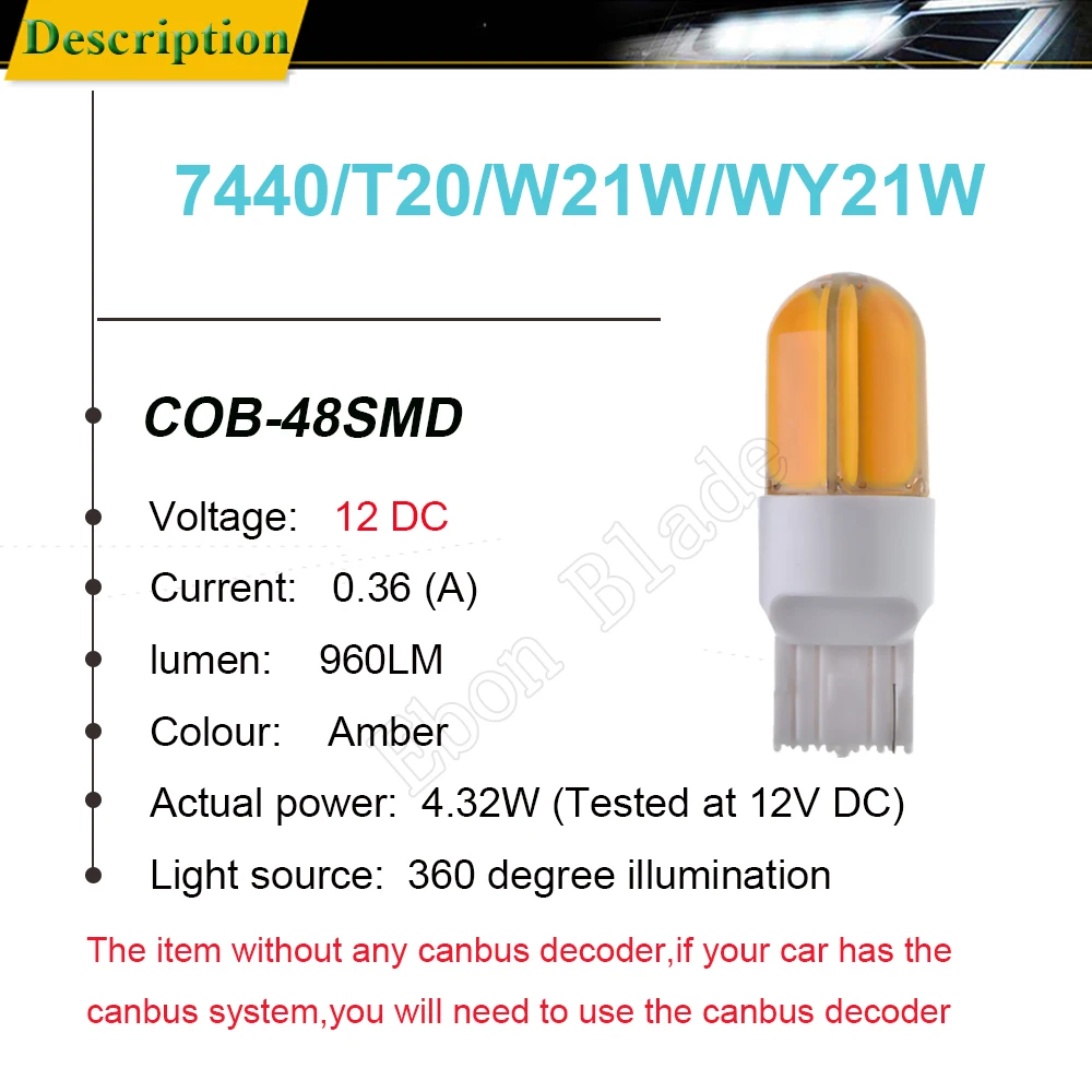 2 шт. T20 7440 W21W WY21W светодиодный автомобильный светильник s COB 48SMD силиконовые лампы Янтарный Желтый Оранжевый для автоматического поворота светильник лампа, работающего на постоянном токе 12 В