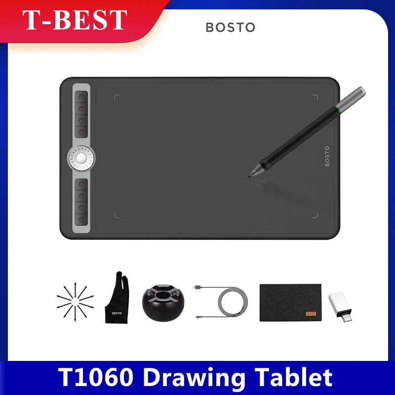 BOSTO T1060 10x6Inch Graphic Drawing Tablet Battery-free Stylus 10 Pen Nibs 8192 Levels Pressure 8 Express Keys Dial Controller