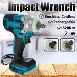 Chave de impacto elétrica, 18v 520nm, recarregável, sem escova, chave de soquete 1/2, ferramenta elétrica para bateria makita