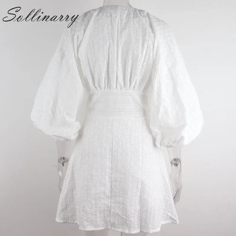 Sollinarry, латерн, рукав, модное короткое платье для женщин, высокая талия, элегантное белое платье для женщин, v-образный вырез, шикарное сексуальное хлопковое платье Vestidos
