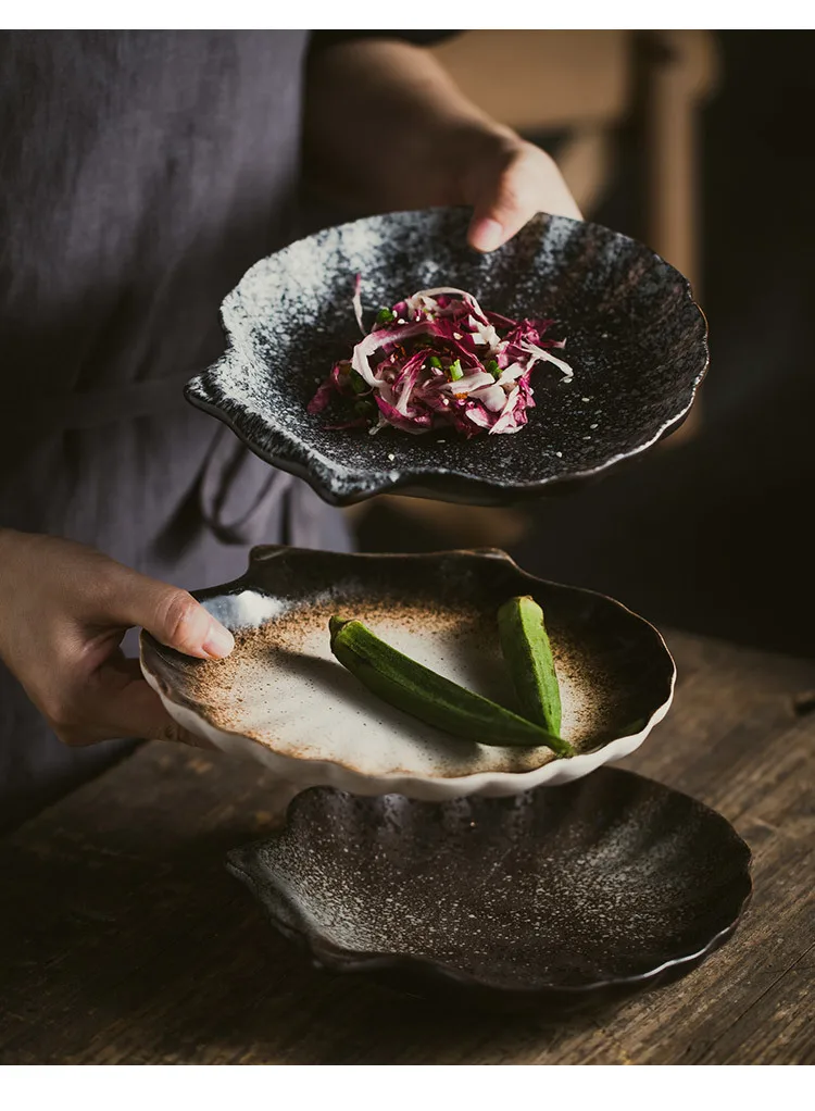 Японская посуда, тарелка для суши в форме раковины, керамическая тарелка для ретро кухни, плоская тарелка для закуски, поднос, домашний набор тарелок