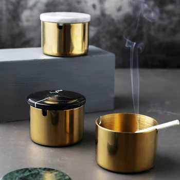 

JINSERTA Car Ashtray Decorations Natural Marble Cover Stainless Steel Ashtray Creative Ash Storage Office Living Room