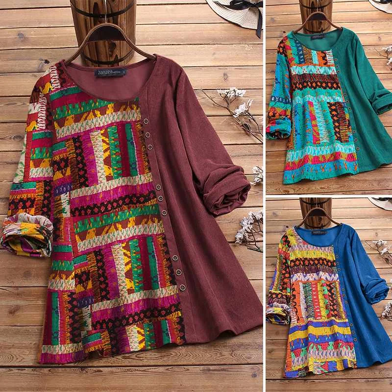 

ZANZEA Corduroy Shirts Women's Blouse 2020 Vintage Female Printed Ethnic Blusas Ladies Casual Long Sleeve Tunic Tops Plus Size
