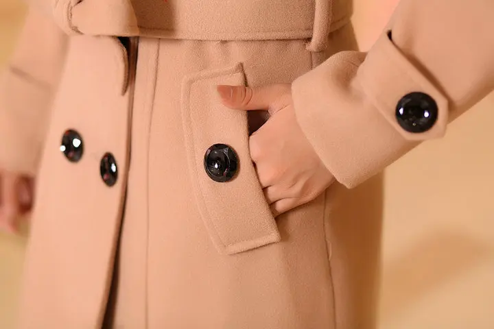Женское пальто из смешанной ткани, зимнее шерстяное пальто с отворотом, меховой воротник, средней длины, Тренч для женщин, повседневное тонкое теплое пальто, большой размер 5XL