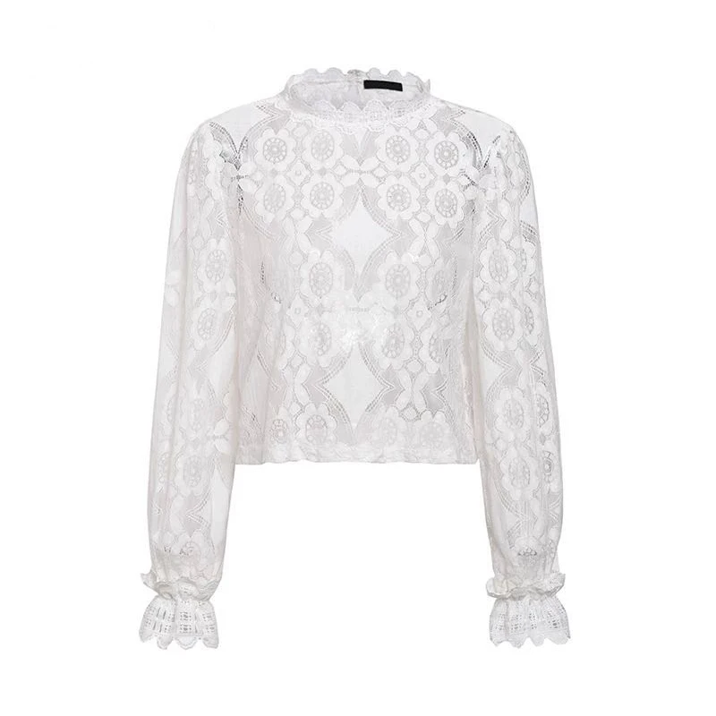 Hollow Out Lace Blouse Shirt Women Sexy Elegant White Embroidery Femme Blouse Long Lantern Sleeve Summer Tops Female