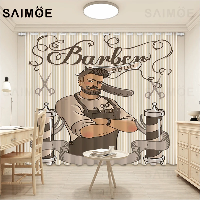 Retro 3D Window Curtains Living Room Fashion Beard Shaver
