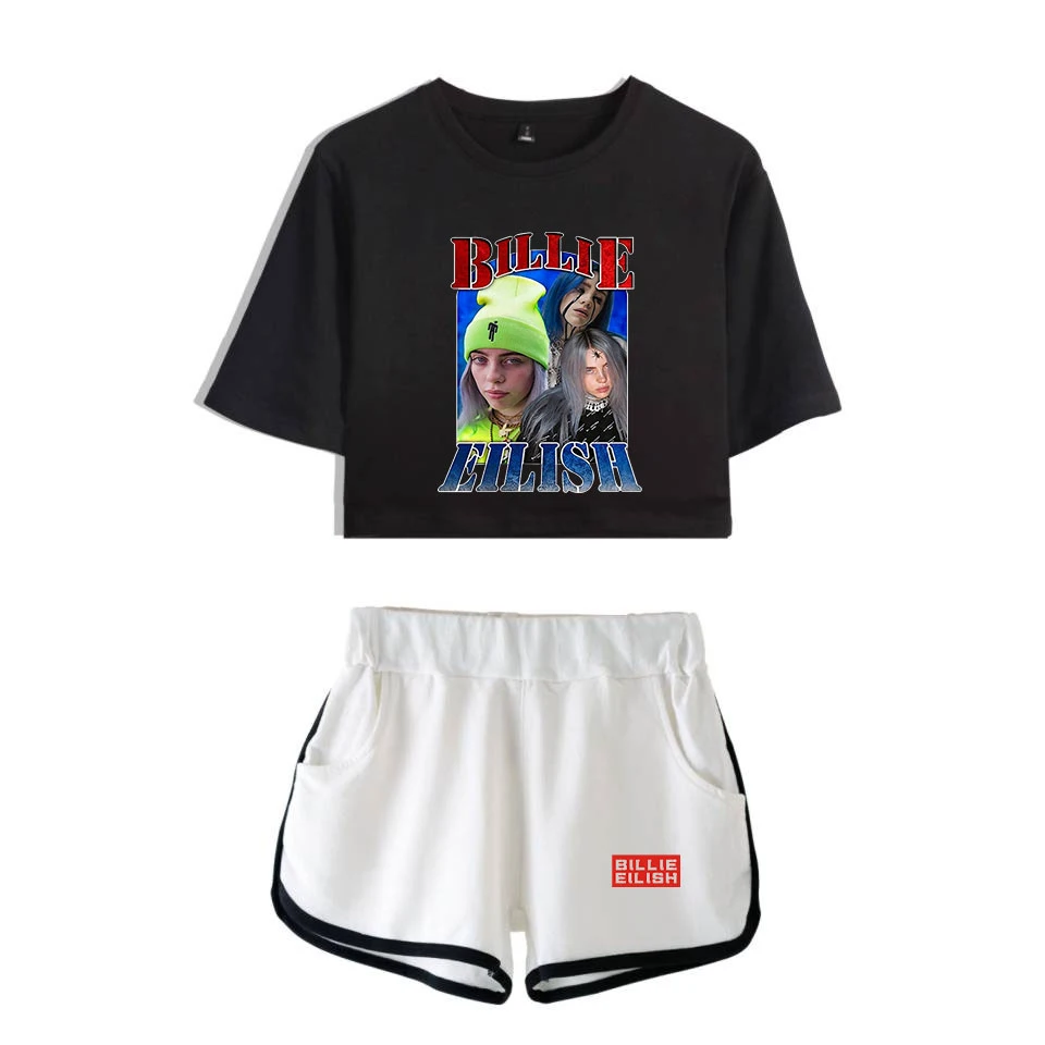 Billie Eilish короткая футболка для девочек+ черные сексуальные трендовые шорты Billie Eilish женская футболка Последняя мода горячая Распродажа комплектов