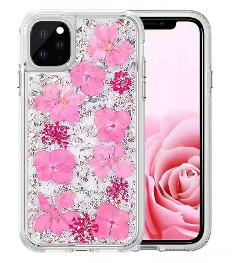 

Front&Back 360 Full Body Protection Case For iPhone 11Pro max 6 8 7 Plus x xr xsmax Crystal Clear TPU Bling Glitter Dried Flower