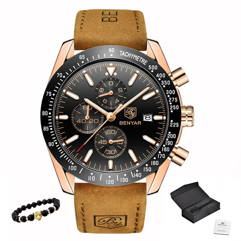 Мужские наручные часы s BENYAR, кварцевые часы с хронографом, Relogio Masculino, новинка, Топ бренд, Роскошные военные часы с силиконовым ремешком - Цвет: Gold Black