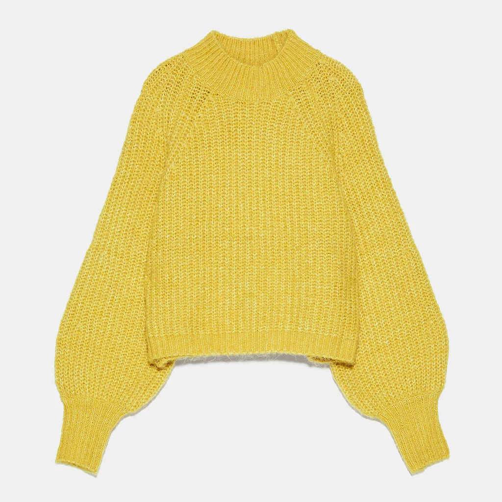 ZA осенний Повседневный однотонный теплый свитер Woemn одежда с рукавом «фонарик» рукав желтый розовый теплый пуловер Женская Осенняя одежда