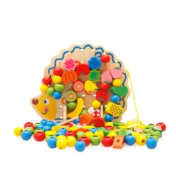 

82Pcs Wooden Fruits Vegetables Lacing Stringing Beads Toy with Hedgehog Board