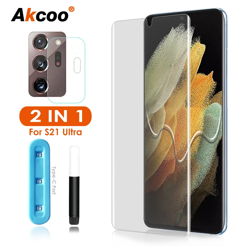 Akcoo Galaxy S21 ультра протектор экрана УФ Полный Клей закаленное стекло пленка для Samsung S8 9 10 Plus Note 20 5G Защита