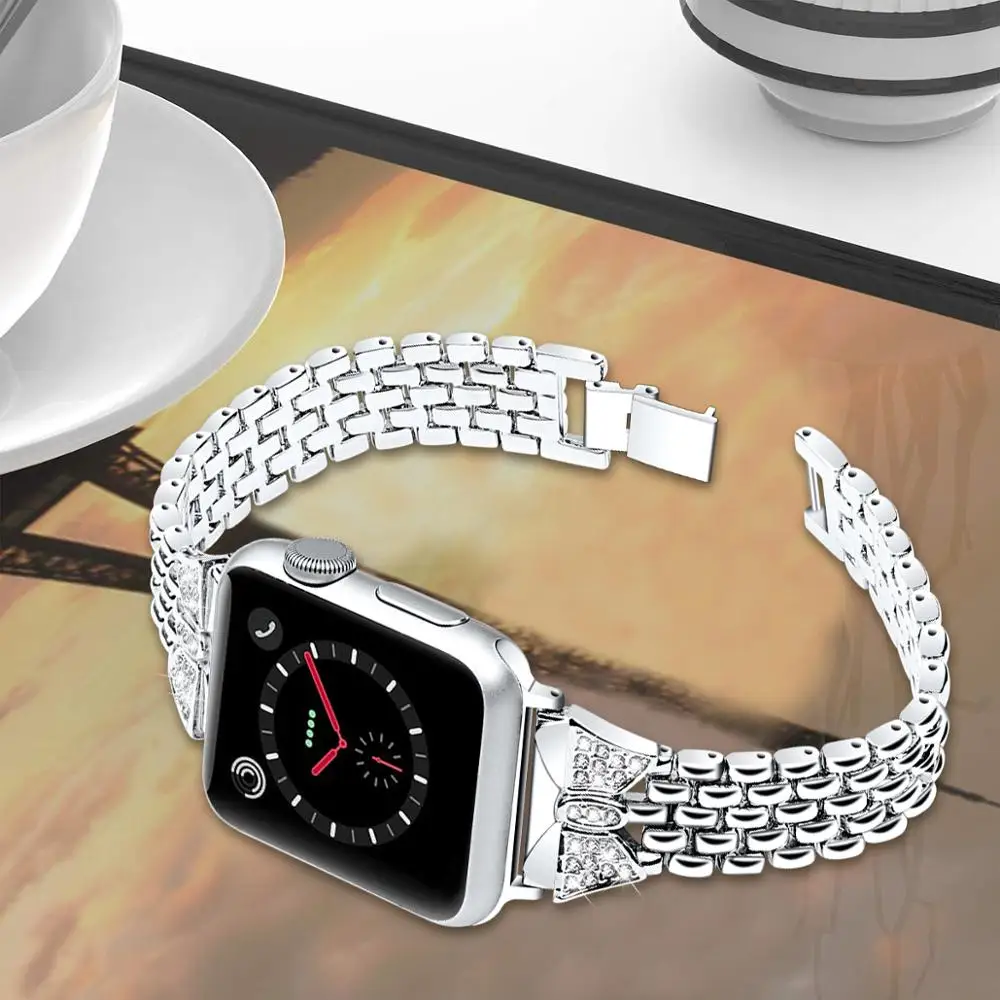Ремешок для apple Watch из нержавеющей стали 38 мм 42 мм металлический браслет с бриллиантами и бабочкой iWatch series 5 4 3 2 1 ремешок