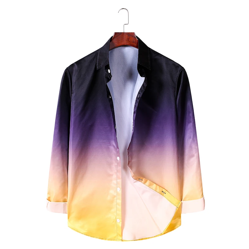 

Gradient Color Print Mens Shirts Korean Fashion Long Sleeve Hawaiian Chemise Homme Men Loose Dress Shirt Casual Streetwear