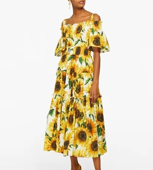 

HAMALIEL Newest 2020 Spring Summer Holiday Dress Runway Women's Sunflower Print Spaghetti Strap Sexy Slash Neck Long Dresses
