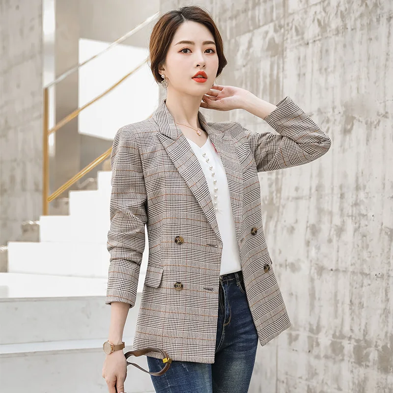 

Plaid Suit Jacket Women's 2019 Autumn New Style Korean-style Mid-length Retro Casual England Ventilation Network Red Suit