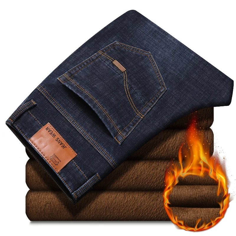 Классические мужские зимние теплые джинсы новые Стрейчевые прямые флисовые плотные джинсовые брюки большой размер 40 42 44 брендовые деловые брюки
