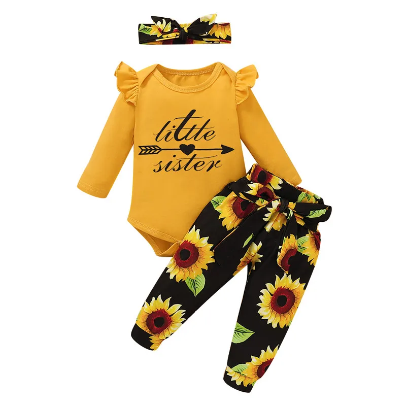 Spring Autumn Infant Outfits Toddler Long Sleeve Heart with Arrow / Romper Sunflower Trousers Bow Headband 3Pcs |