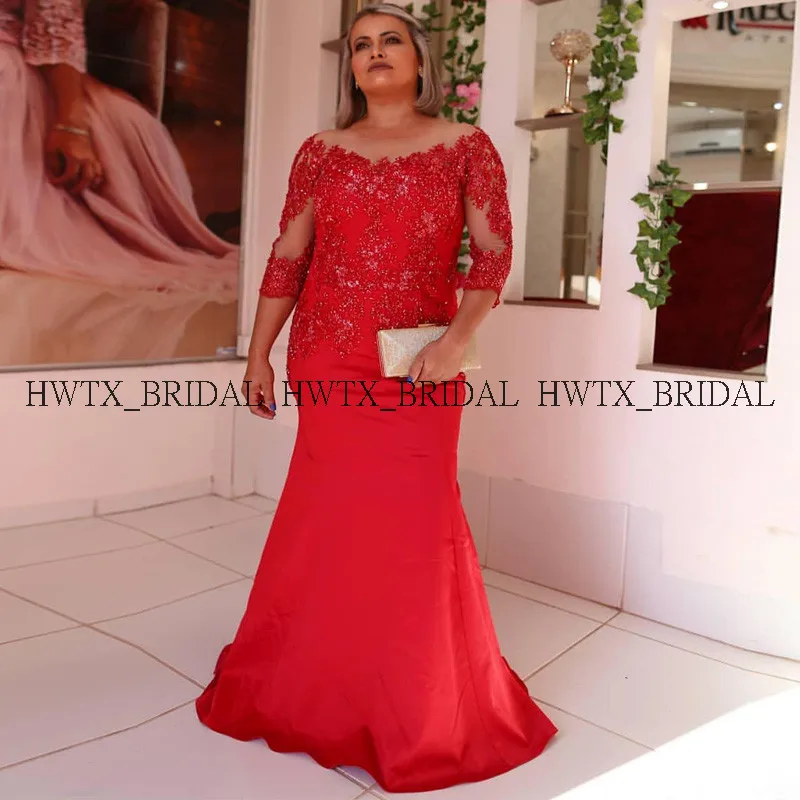 Красные платья для матери невесты больших размеров новые сетчатые Длинные рукава тяжелое Бисероплетение сатиновое платье с юбкой-годе вечернее платье для вечеринки