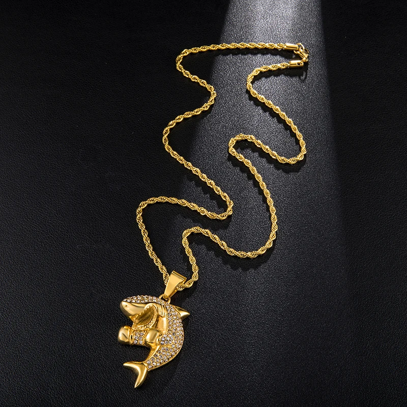US7 Iced Out Bling в форме акулы кулон ожерелье из нержавеющей стали горный хрусталь ожерелье s& Подвески для мужчин хип хоп ювелирные изделия подарок