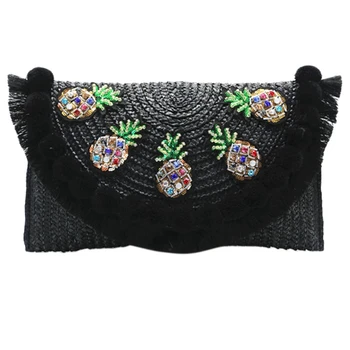 

Beach Bag Straw Clutch Messenger Bag Envelope Bag Women Lady Day Tassels Pineapple Summer Crossbody Bags(Black)