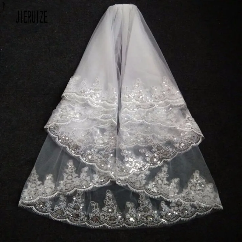 

JIERUIZE Romantic Wedding Veil White Ivory Two Layer Lace Appliques Edged Short Bridal Veils with Comb Cheap