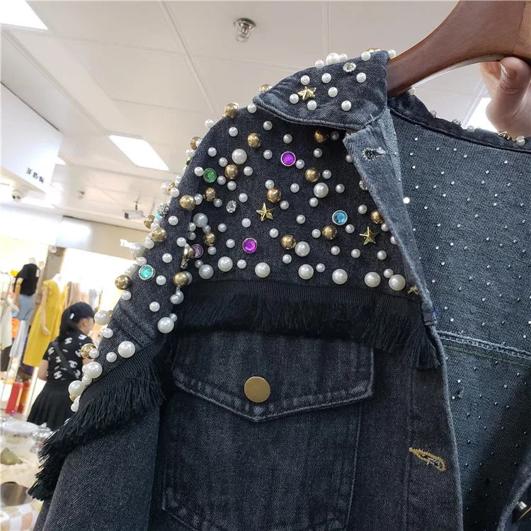Chaquetas Mujer, осень, уличная одежда, джинсовая куртка для женщин, ручная работа, жемчуг, панк, кисточка, Veste Femme, свободные короткие джинсовые пальто