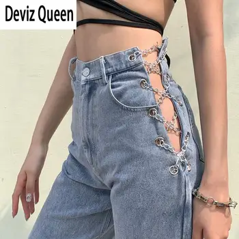 

Harajuku High Waist Hollow Out Chain Design Slim Jeans Woman Leisure Streetwear Commute High Quality Strgight Pants Mujer