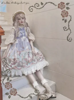 

Japanese lolita dress palace lace bowknot kawaii dress high waist cute printing victorian dress girl loli cos gothic lolita jsk
