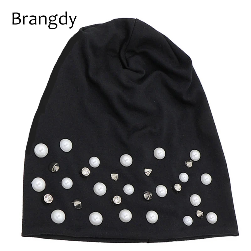 Женские свободные хлопковые шапочки Skullies с жемчугом, шапки для зимы, женские повседневные черные шапочки с бриллиантами, женские шапочки больших размеров Gorros