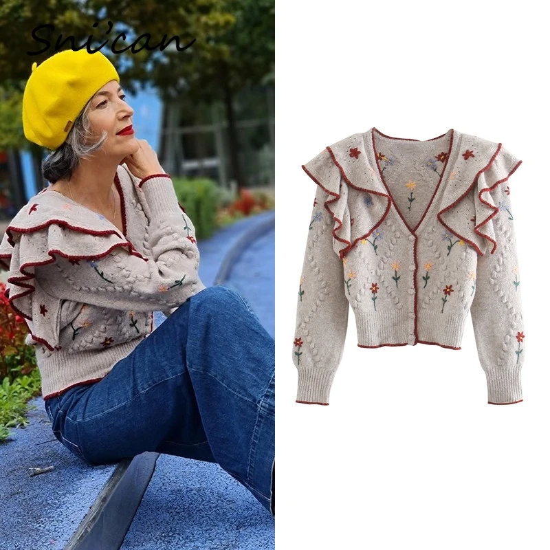 

Snican fashion women floral ruffle knitted cardigan crop tops female autumn winter za sweater jersey mujer 2020 jumper za new