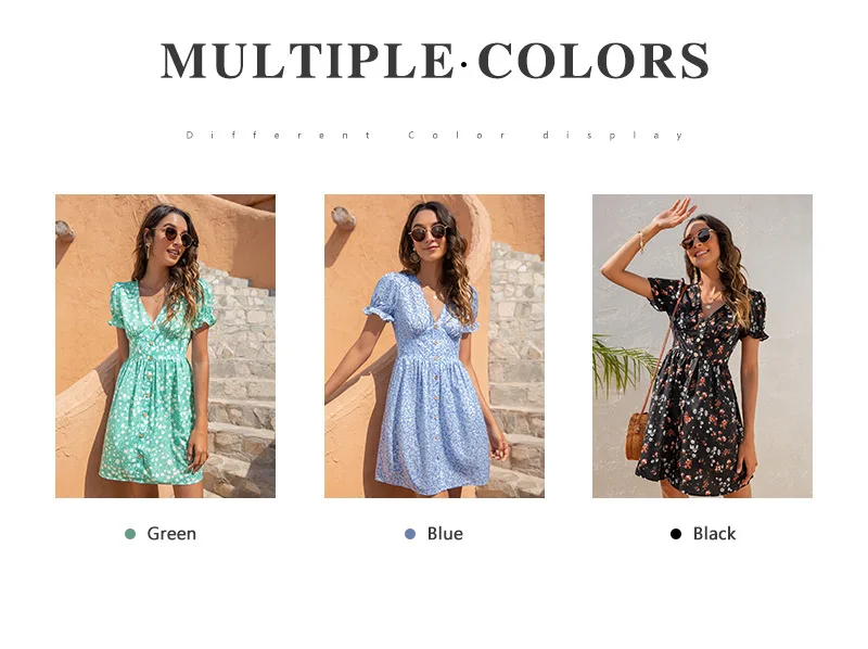 Women Short Sleeve Floral Mini Dress Casual Green Print Puff Sleeve Dresses Summer 2021 Ladies Sexy V Neck Button Beach Dress