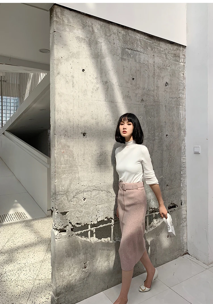 Pink Woolen Skirts High Waist Lady Office Midi Skirts Front Split Elegant Streetwear Autumn Winter Clothings