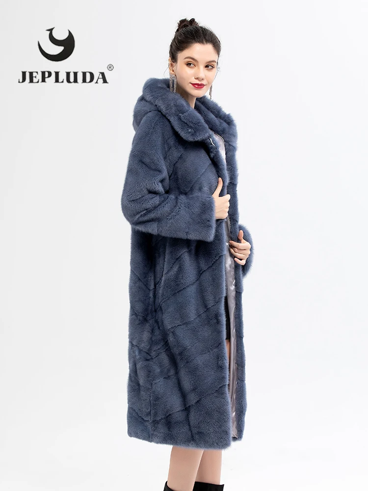 Jepluda 고급스러운 리얼 모피 코트 여성 소프트 따뜻한 풀 펠트 자연 여성 밍크 길게 후드 겨울 자켓 여성 리얼 모피 자켓
