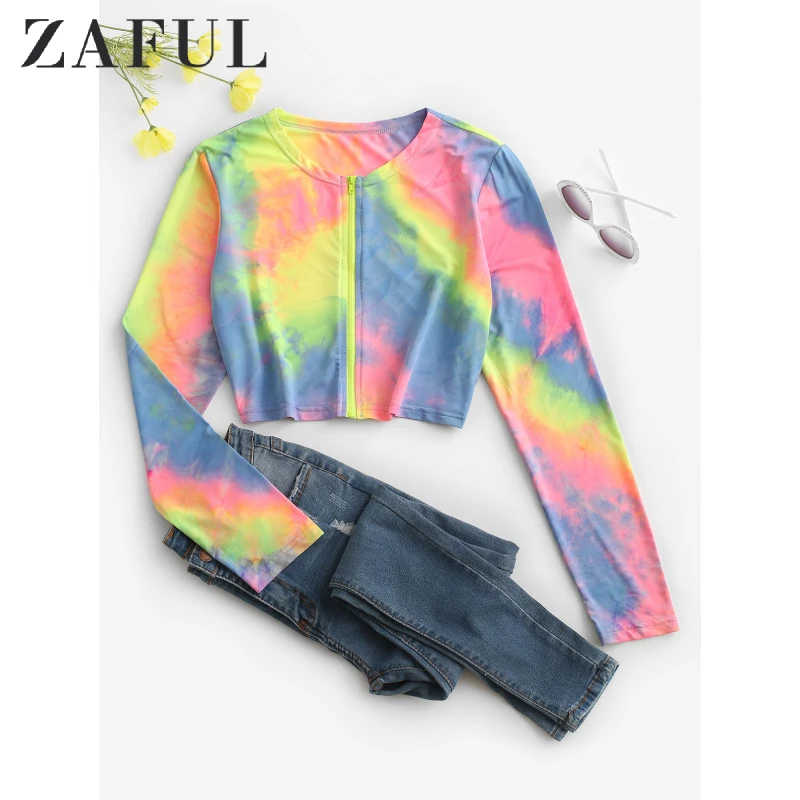 

ZAFUL Winter Warm Zip Up Tie Dye Crop Jacket Long Sleeve Sports Jacket Round Collar Short Women Jacket Autumn Spring Ladies Coat