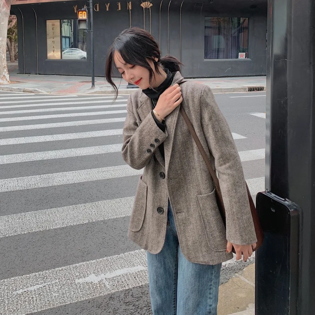 

Photo Shoot 2020 Early Spring New Style Korean-style Coffee Gray Herringbone Loose-Fit Single-Breasted Woolen Small Suit Jacket