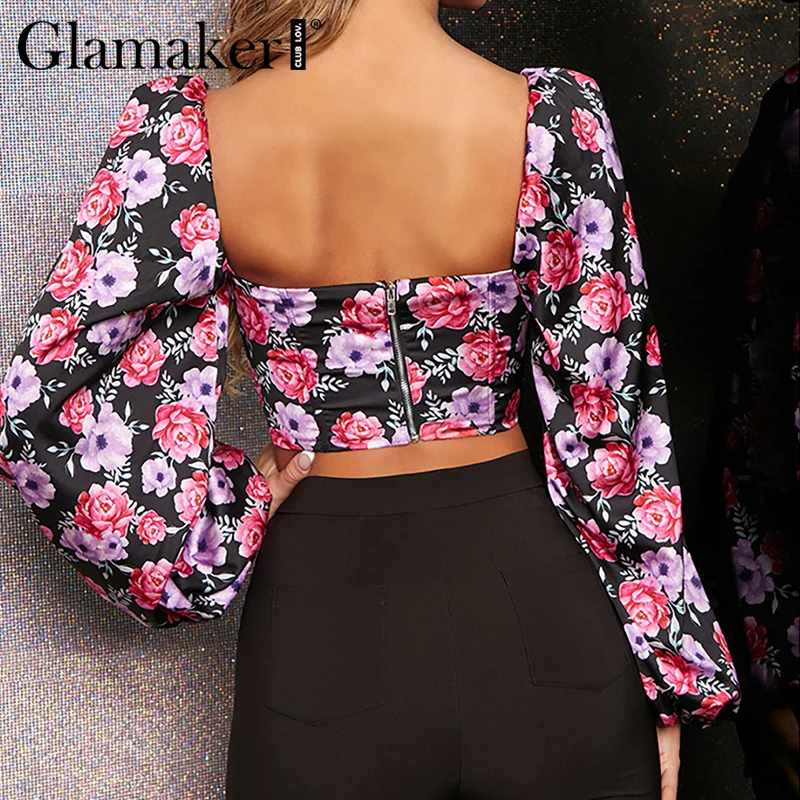 Glamaker с принтом розы, винтажная блузка с открытой спиной, женская, с длинным рукавом, с буфами, весенний Топ, сексуальный квадратный воротник, элегантные вечерние клубный кроп-топ