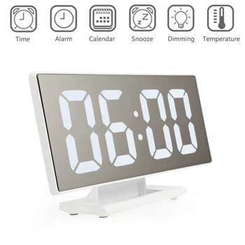 

LED Mirror Alarm Clock Digital Multifunction Snooze Function Time Night Large LCD Display Temperature Table Clock with USB Cable