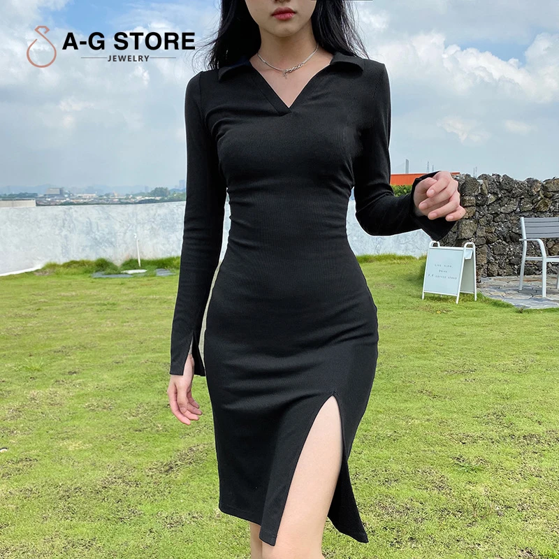 

Woman Elegant Dress 2021 Solid Color Women V-neck Korean Version Button Dress Vintage Long Sleeve Mini Commute Dresses Vestidos