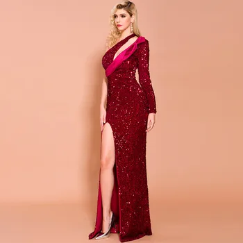 

2020 Sexy Red Irregular Neck One Shoulder Sequin Evening Dresses Mermaid Elegant High Split Maxi Evening Gown LE4026