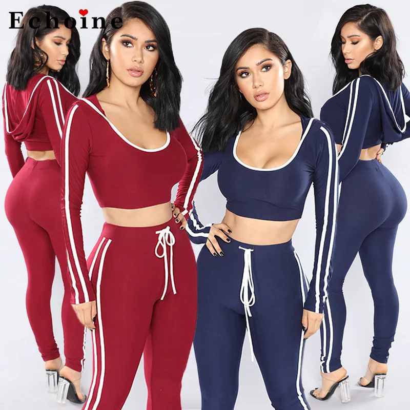 

Hoodies Tops Two-Piece Set Women Casual Suit Side Striped Female Gym Biker Suit Fitness Long Pants Jogger Leggings Tracksuits