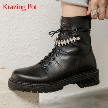 

Krazing pot genuine leather round toe med heel equestrian boots rhinestone decoration fairy style maiden dating ankle boots L18