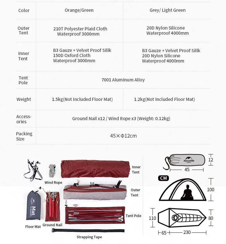Naturehike Tent Cloud Up 1 Upgrade 1 Person 1.5kg Waterproof Camping Tent 20D Nylon WIth Silicone Coating Tourist With Mat