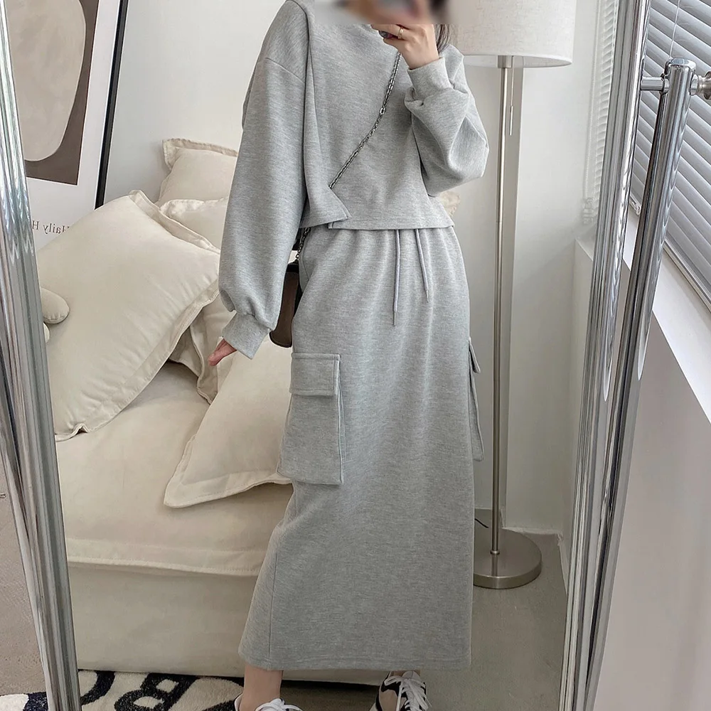 

Caual Streetwear Two Piece Sets Autumn Solid Color Casual Skirt Suit Female Korean Loose Round Neck Long Sleeve Split Hoodie