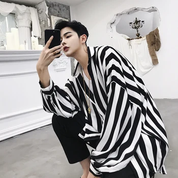 

Spring Autumn Men's Loose Striped Shirts Oversize Free Size Blouse Tops Single Breasted Shirt Black White A57