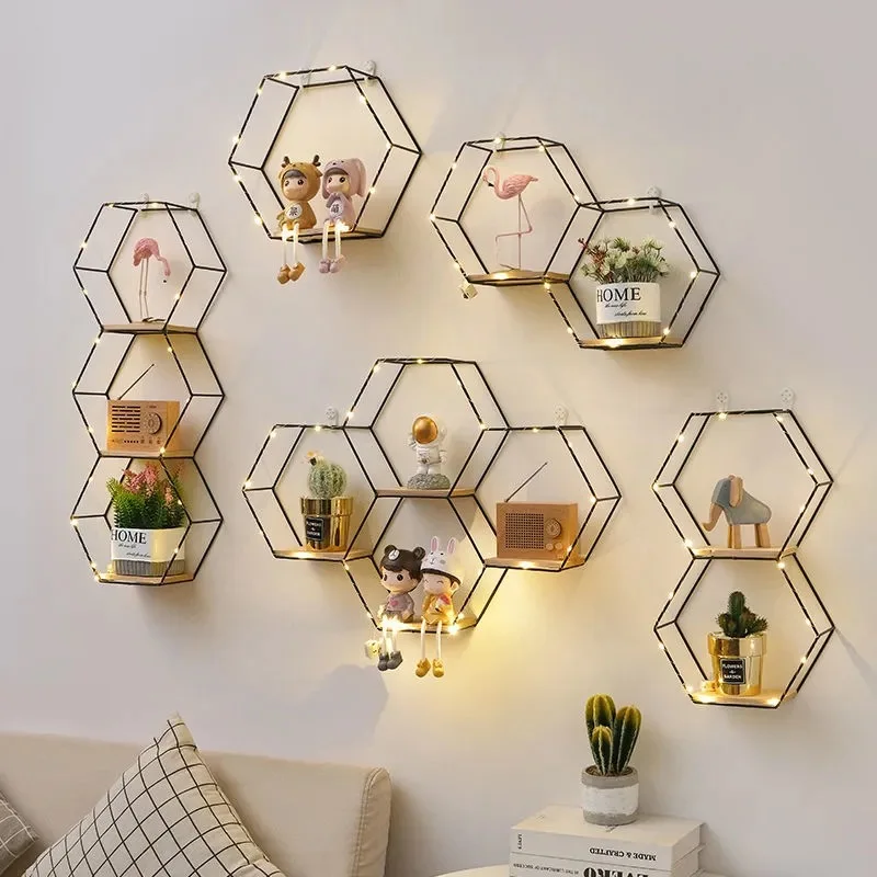 Wall Hanging Storage Room Decoration Frame Craft Nordic Hexagonal Iron Art Creative Display Shelf Holder Modern Home Accessory | Дом и сад