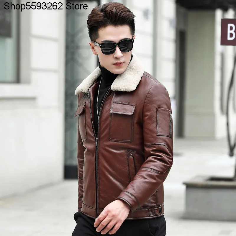 

Genuine Leather Leather Coat Men Head Layer Cowhide Genuine Leather Down Jacket Short Tender Winter Season Keep Warm Locomotive
