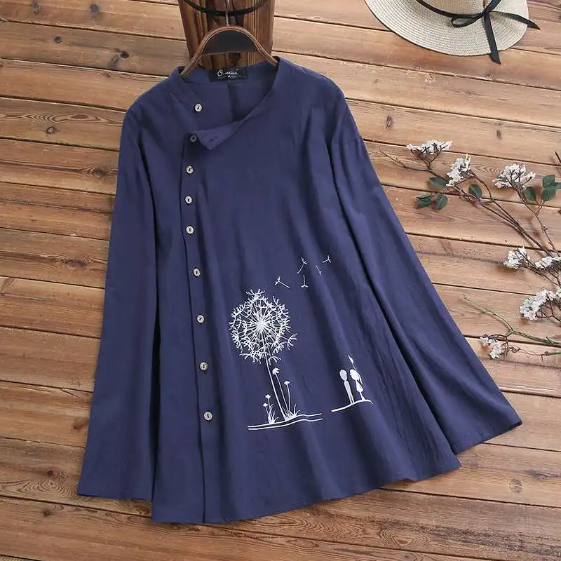 L 5XL Осенняя блузка с цветочным принтом Женская Повседневная рубашка с круглым вырезом и пуговицами винтажная хлопковая туника с длинным рукавом Топы Femme Blusas